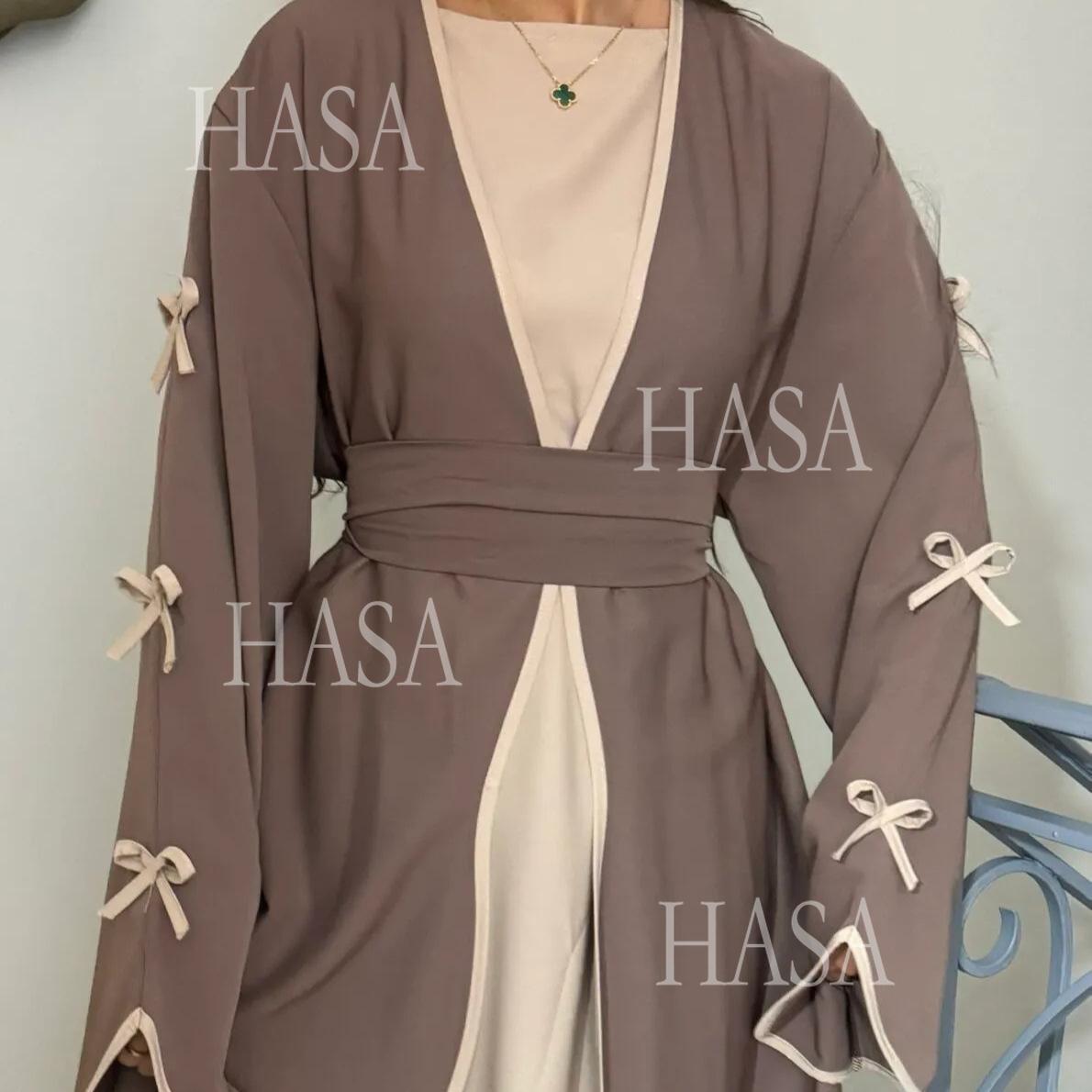 HA5883  A Two-piece Robe and Skirt Set with A Soft Bow and A Belt Design open abaya outfit