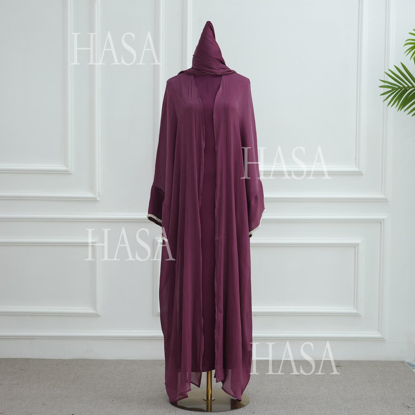 HA6553  Two-Piece Solid Abaya with Beaded Details and Matching Scarf Option