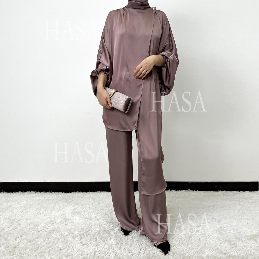 HS5857 High-end Bright Satin Two-piece Suit (headscarf Not Included), Irregular Design Shows Fashionable Style