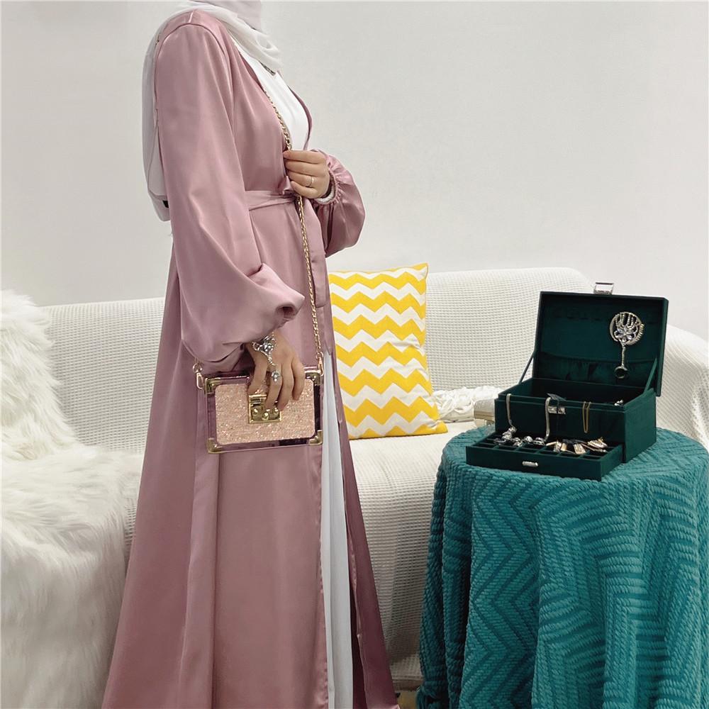 HAYA0481 Solid Color Satin Coat Robe Open Abaya