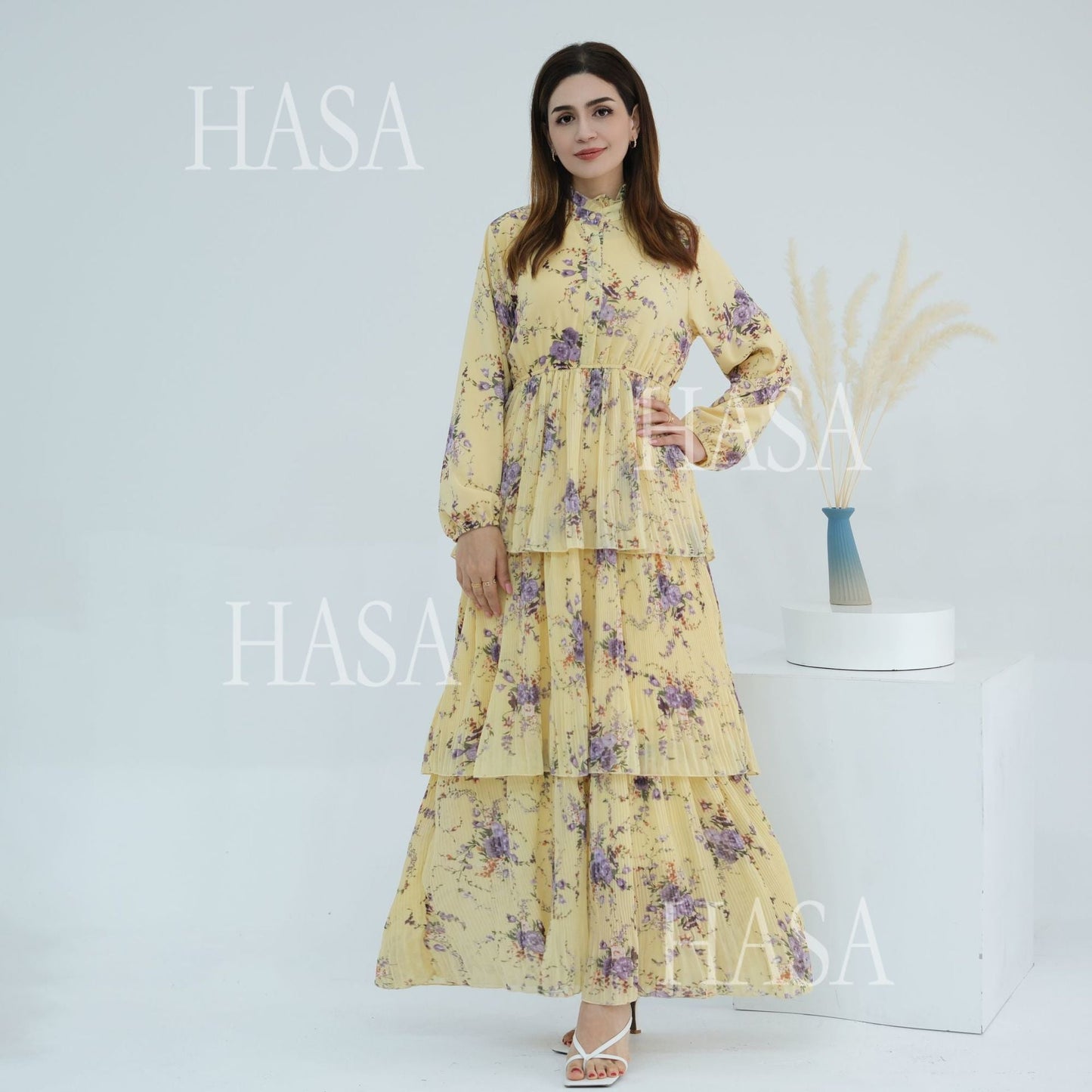 HA6500  Romantic Layered Print Long Dress