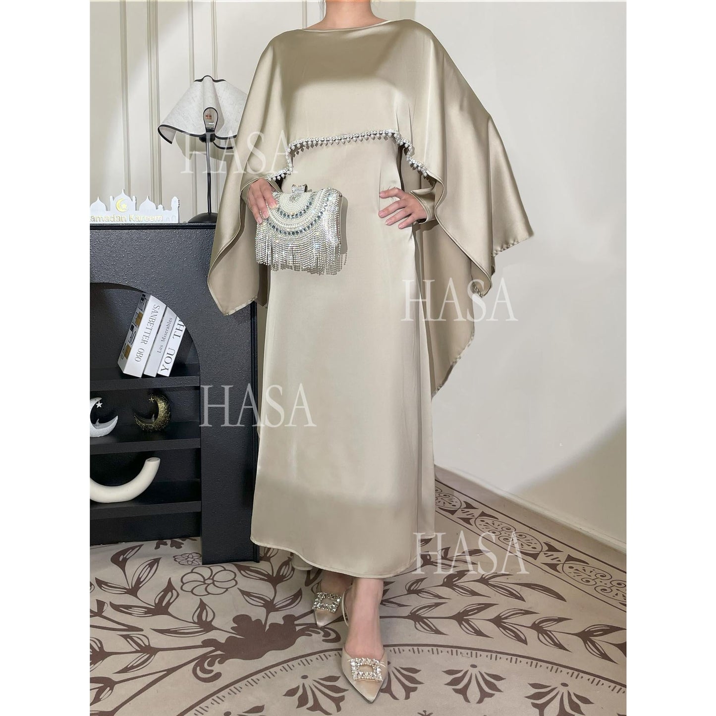 HA6570 Elegant Cape-style Satin Dress Robe for Women