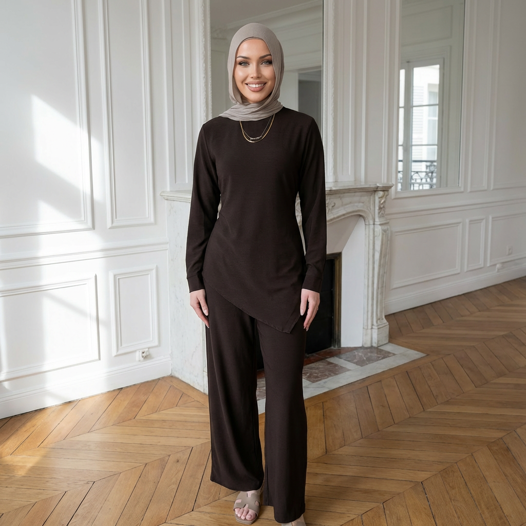 HA6614 Modest Nida Two-Piece Set with Waist Tie & Pocket Trousers