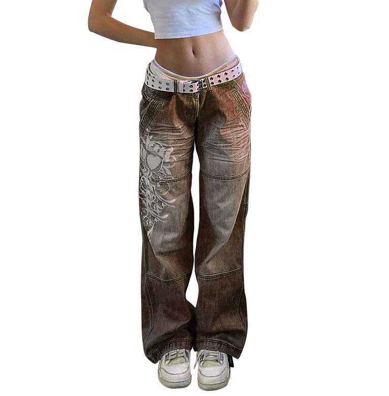 HA6382 Street Style Women's Clothing Irregular Printing Loose Trousers Low Waist Folds Washed for Old Multi-colored Jeans