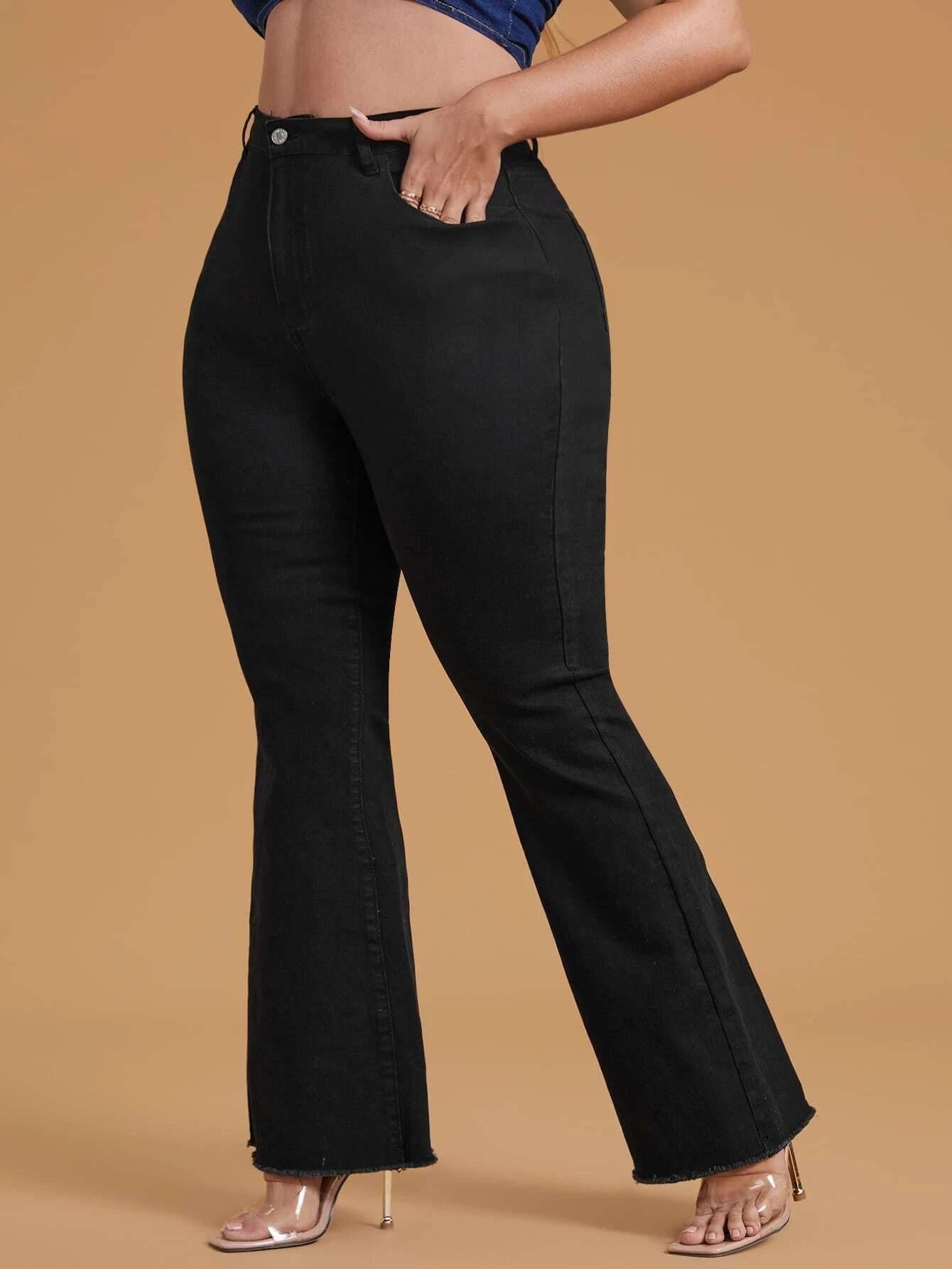 HS2331 Plus Size Black Stretchy Frayed-hem Wide-leg Flare Jeans
