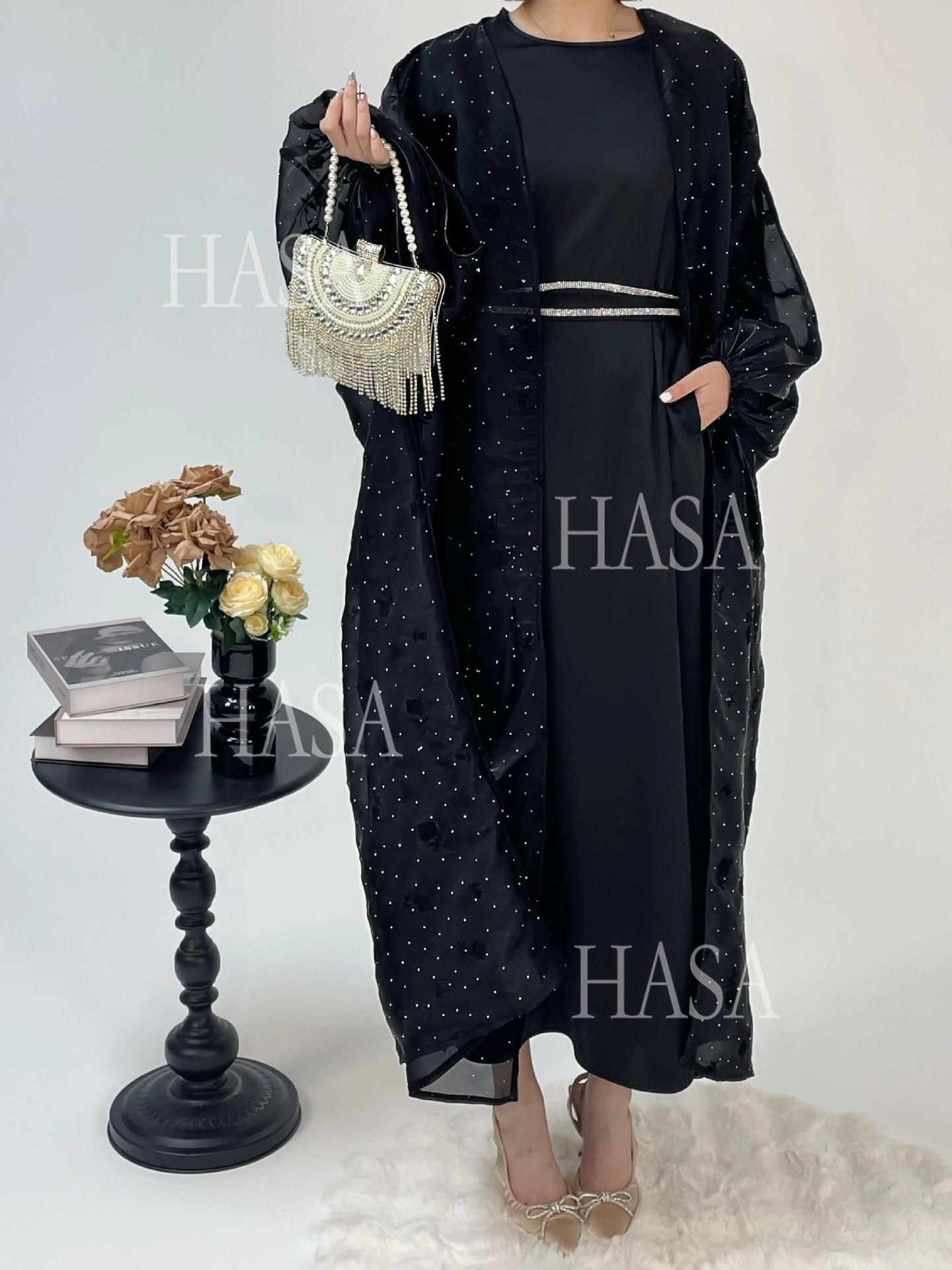 HA6536 Elegant Rose Pattern Abaya Outer Dress Set