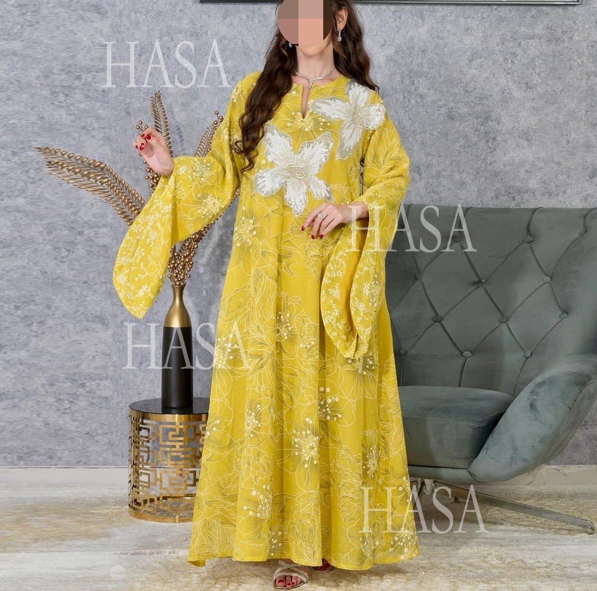 HA6639 Floral Appliqué Embroidered Long Dress