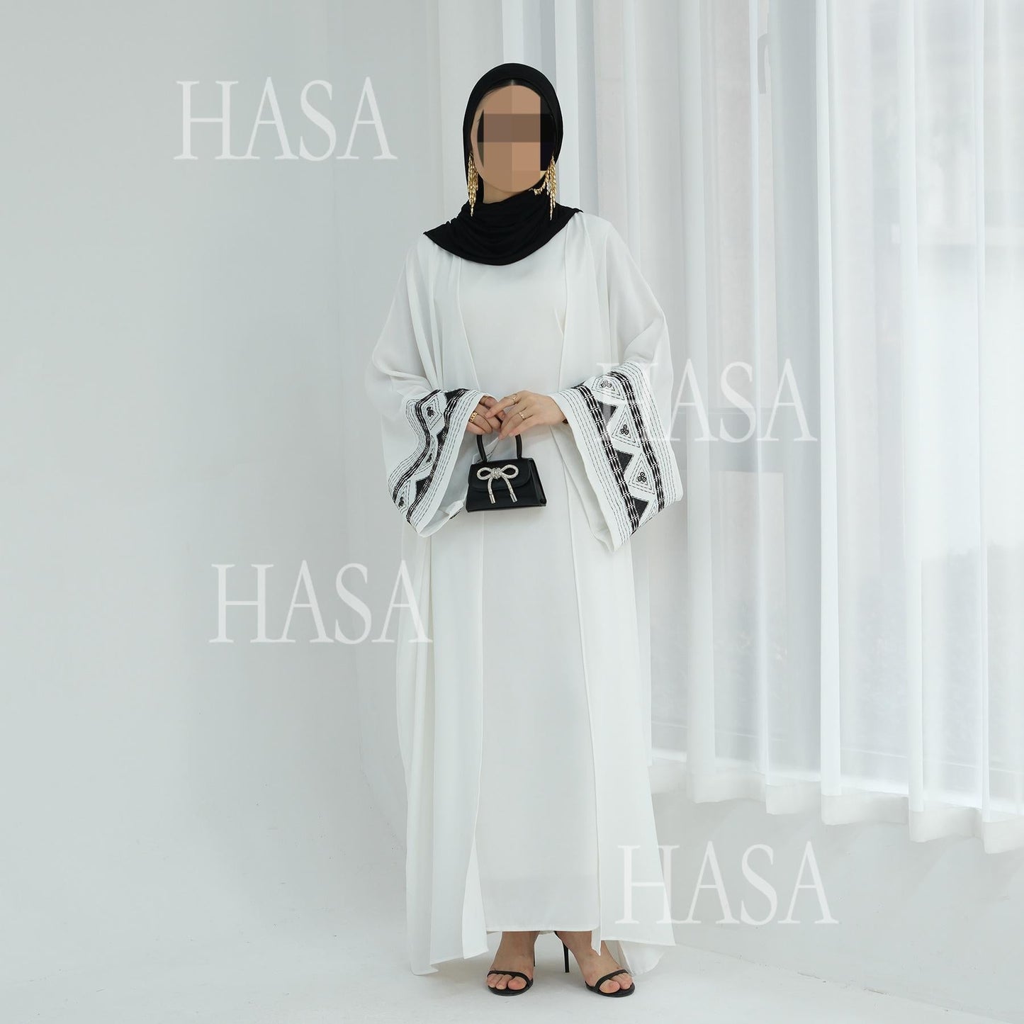 HASA's Series HA6506 Long Wide Sleeve Embroidered Robe Cardigan (No Headscarf)
