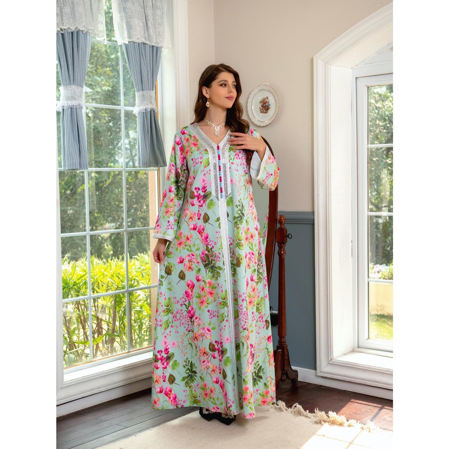 HAYA HAYA1075 Abaya Robe New Printed Rhinestone Dress