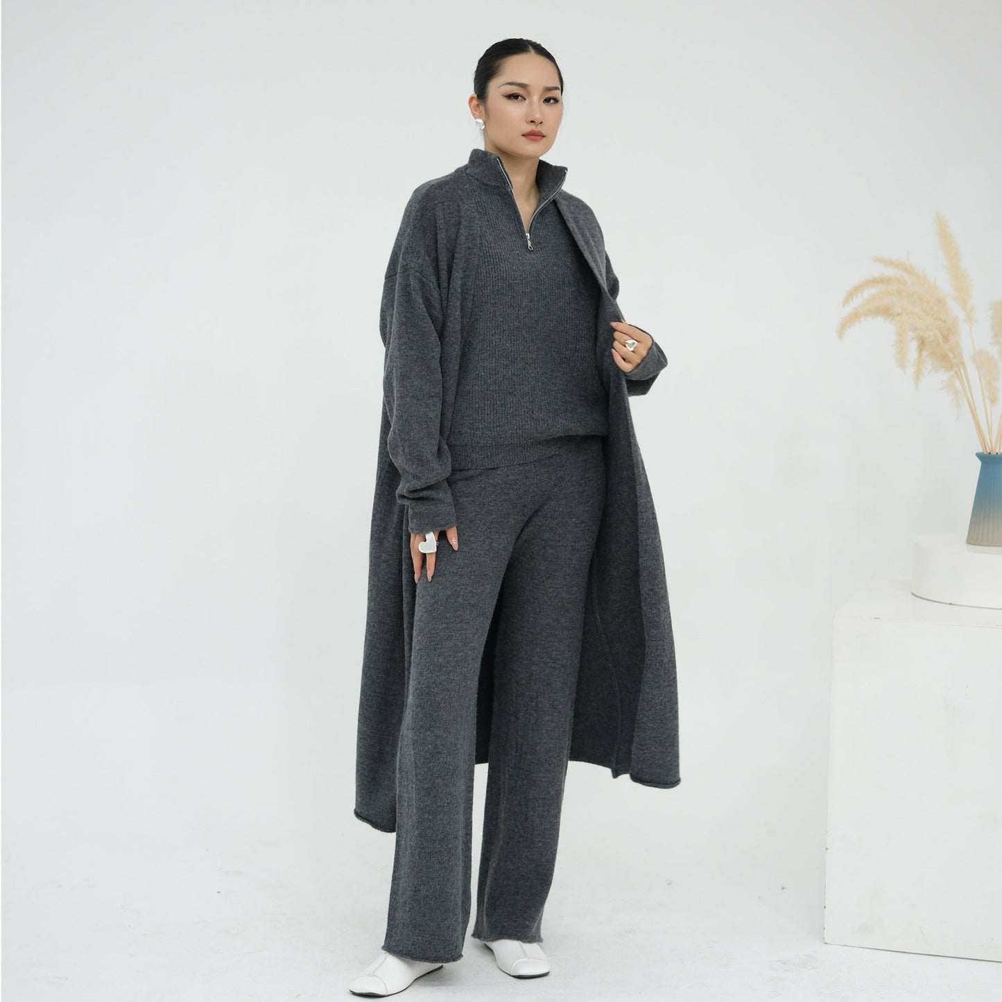 HA6603 Thickened knitted three-piece long coat set (with optional headscarf)