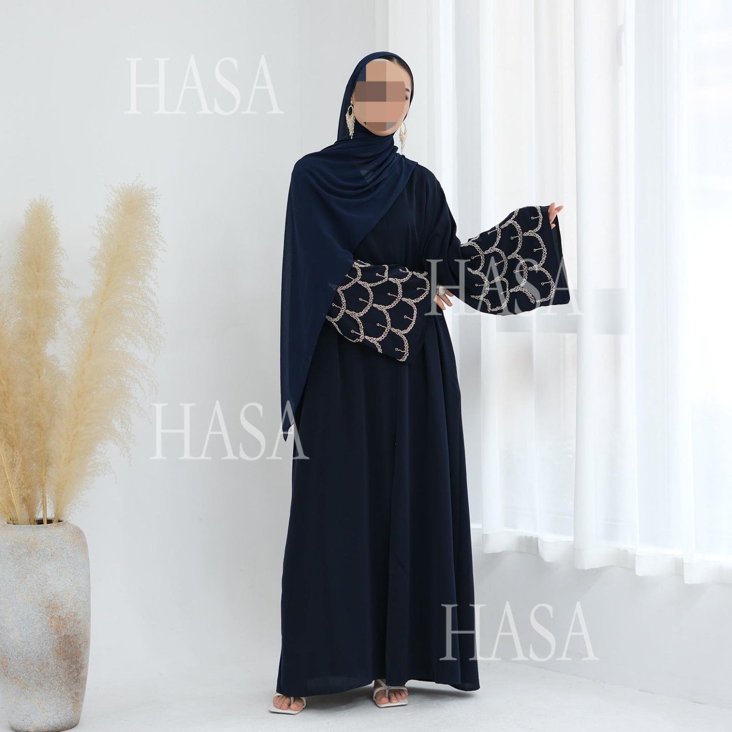 HA6608 Solid Color Hand-beaded Long Cardigan (headscarf Not Included)
