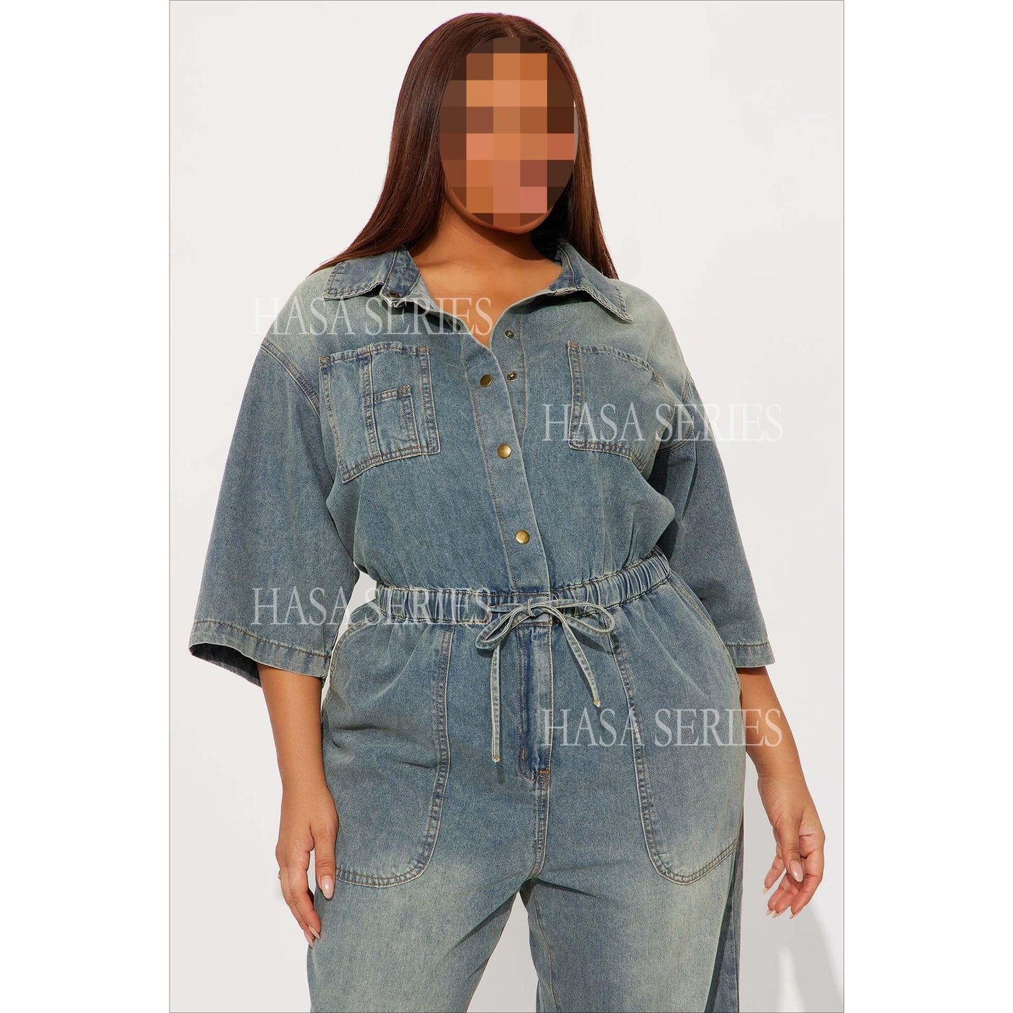 HASASERIES HS6686 Washed Denim Slim-fit Flared Jumpsuit