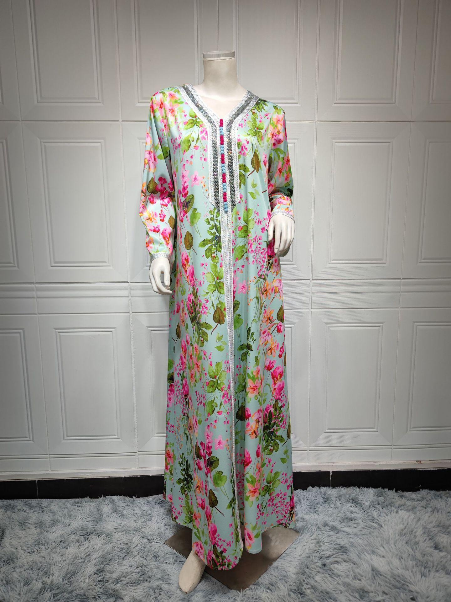 HAYA HAYA1075 Abaya Robe New Printed Rhinestone Dress
