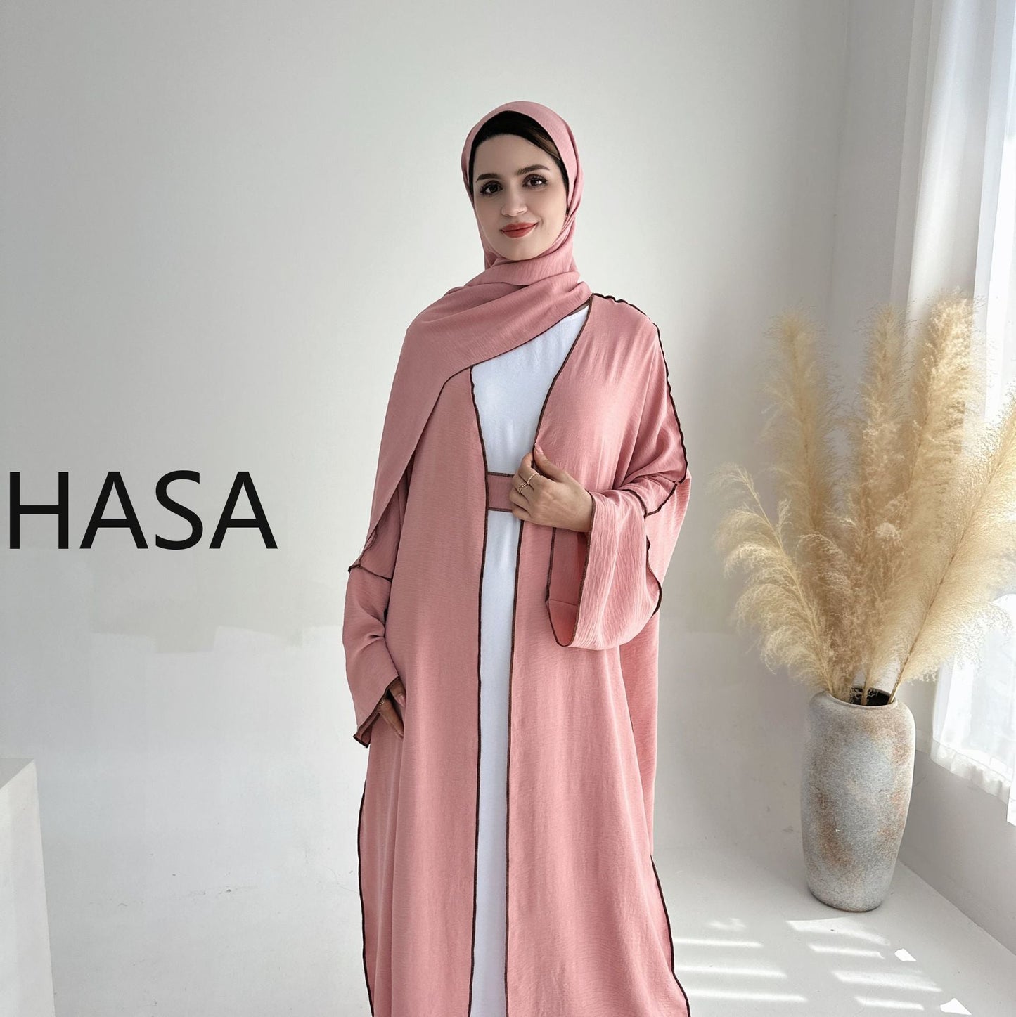HASA HA1246H 2 PCS SET Crepe Solid Color Loose Hem Cardigan Robe with Hijab
