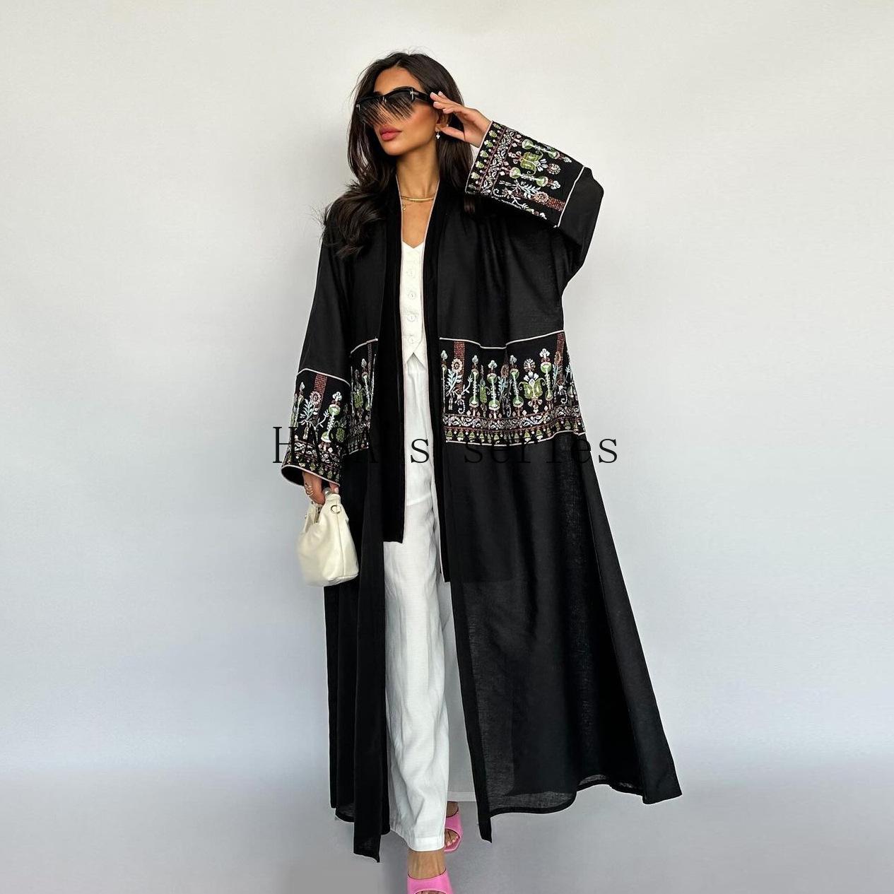 HS5102 Simple Embroidered Long Robe/jacket with A Loose and Comfortable Open-front Design.