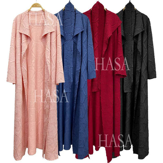 HA6592 Embroidered Pleated Cardigan Jacket - Large Size, Comfortable Mid-Length