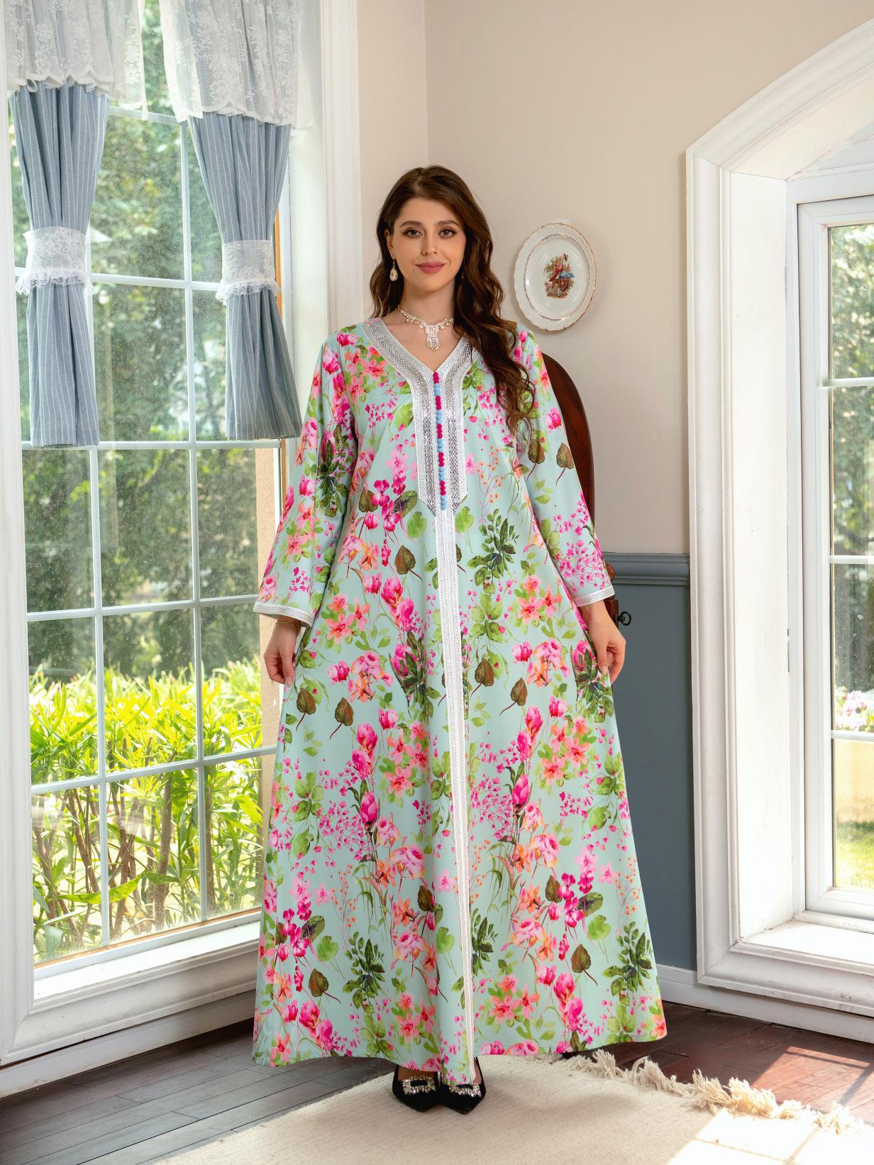 HAYA HAYA1075 Abaya Robe New Printed Rhinestone Dress
