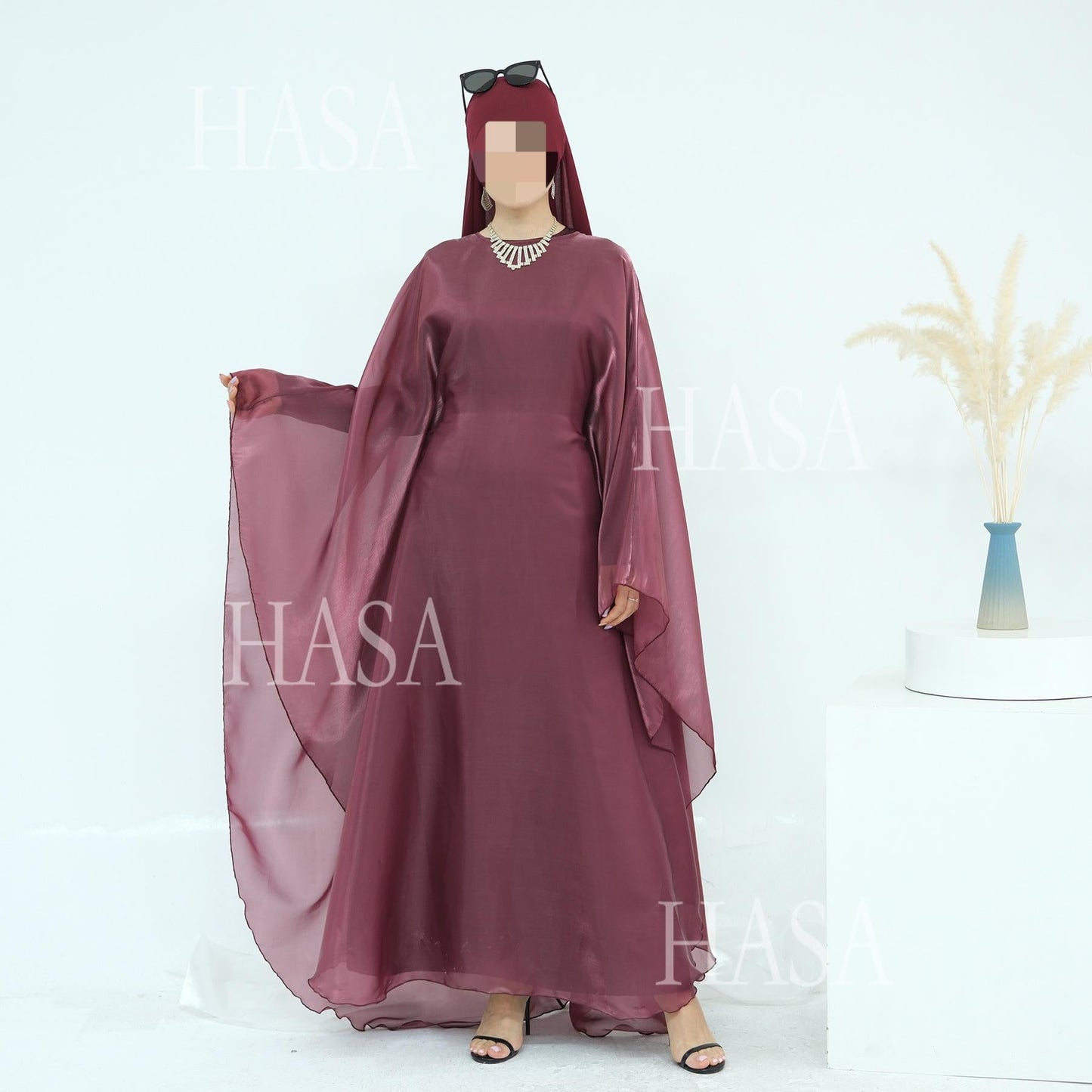 HA6524 Elegant two-piece solid-color robe and dress with optional headscarf