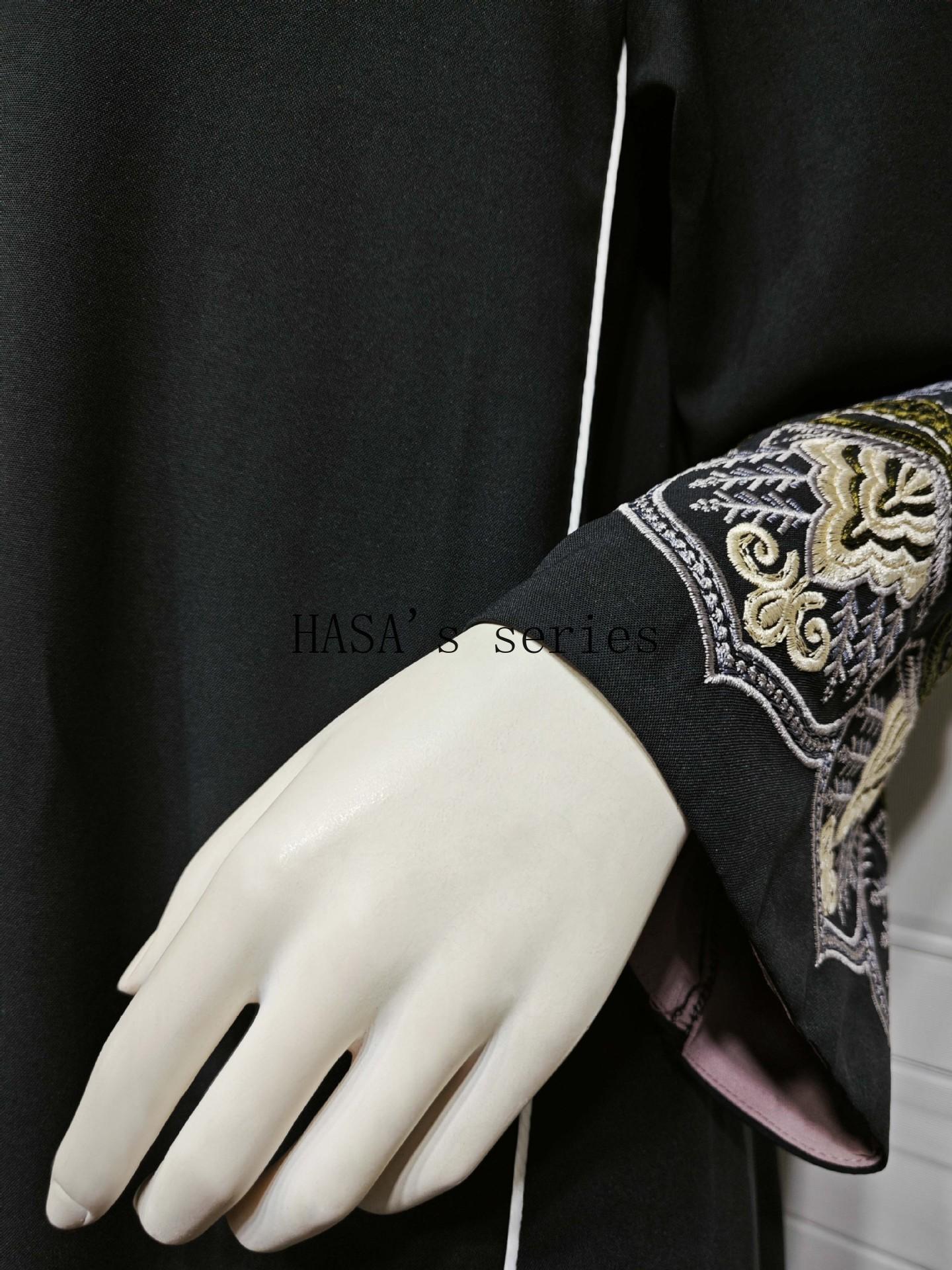 HS5090 Classic black embroidered patchwork robe, designed as a loose, open-front dress.