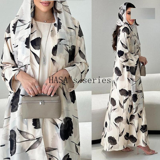 HS5092 A flowing, feminine floral-patterned robe, a loose-fitting printed cardigan-style dress paired with a headscarf.