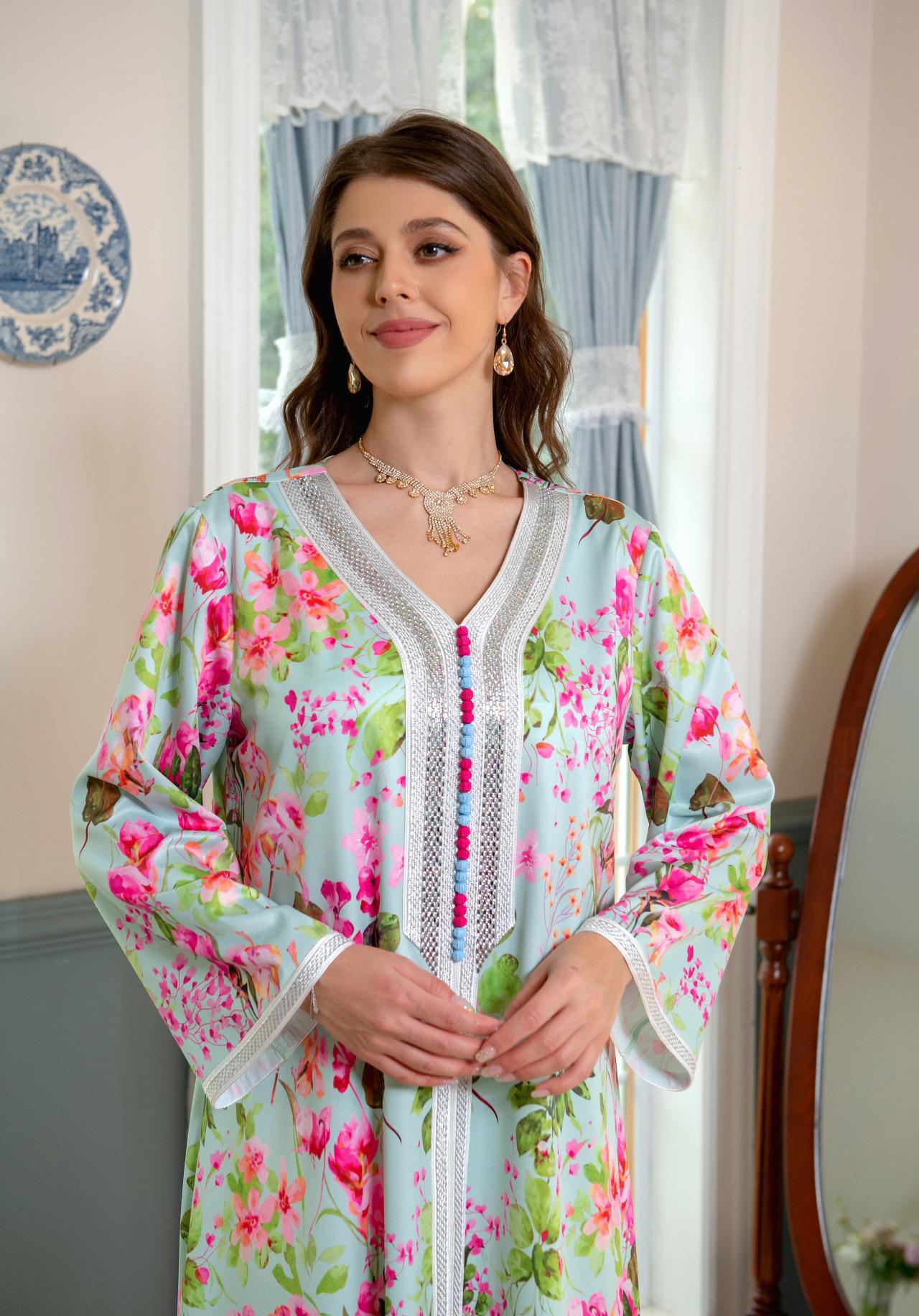 HAYA HAYA1075 Abaya Robe New Printed Rhinestone Dress