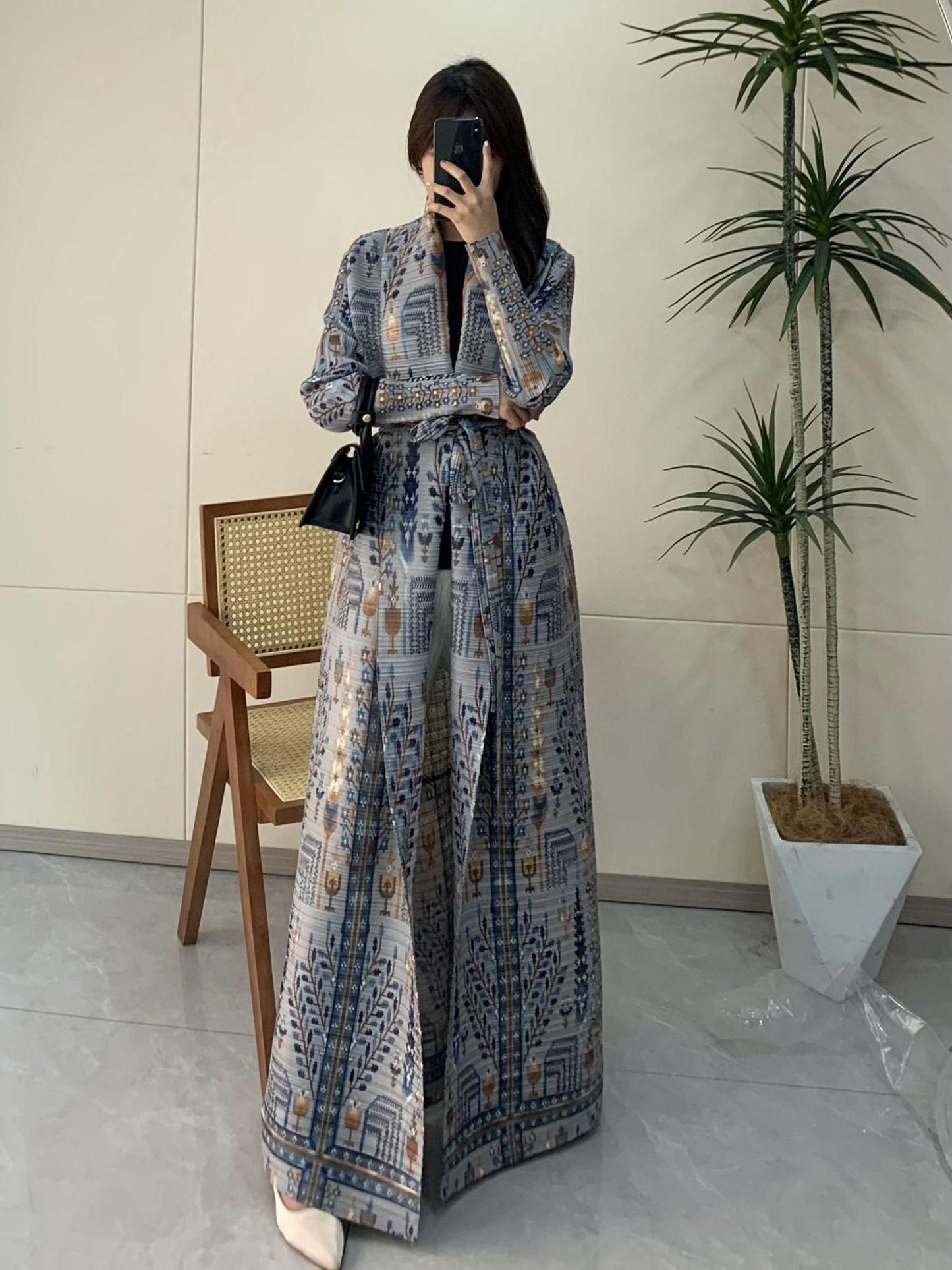 HS5842 Vintage-style Textured Open-front Long Coat