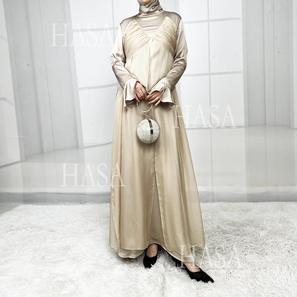 HS5858 Elegant Bright Satin Robe (without Headscarf), Clever Splicing Creates Multi-faceted Charm