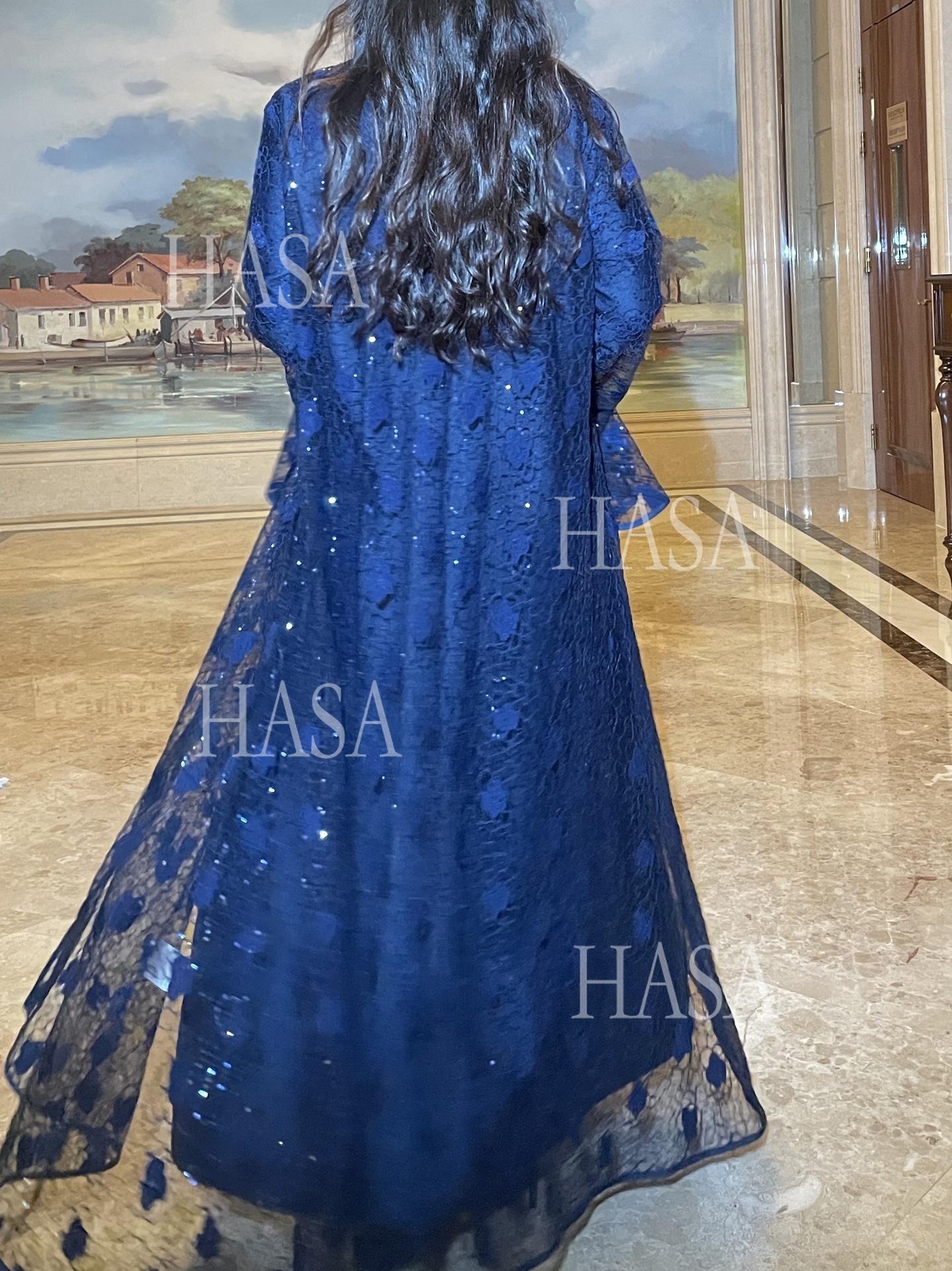 HA6488 Two-piece long dress with flared sleeves and lace sequined cape