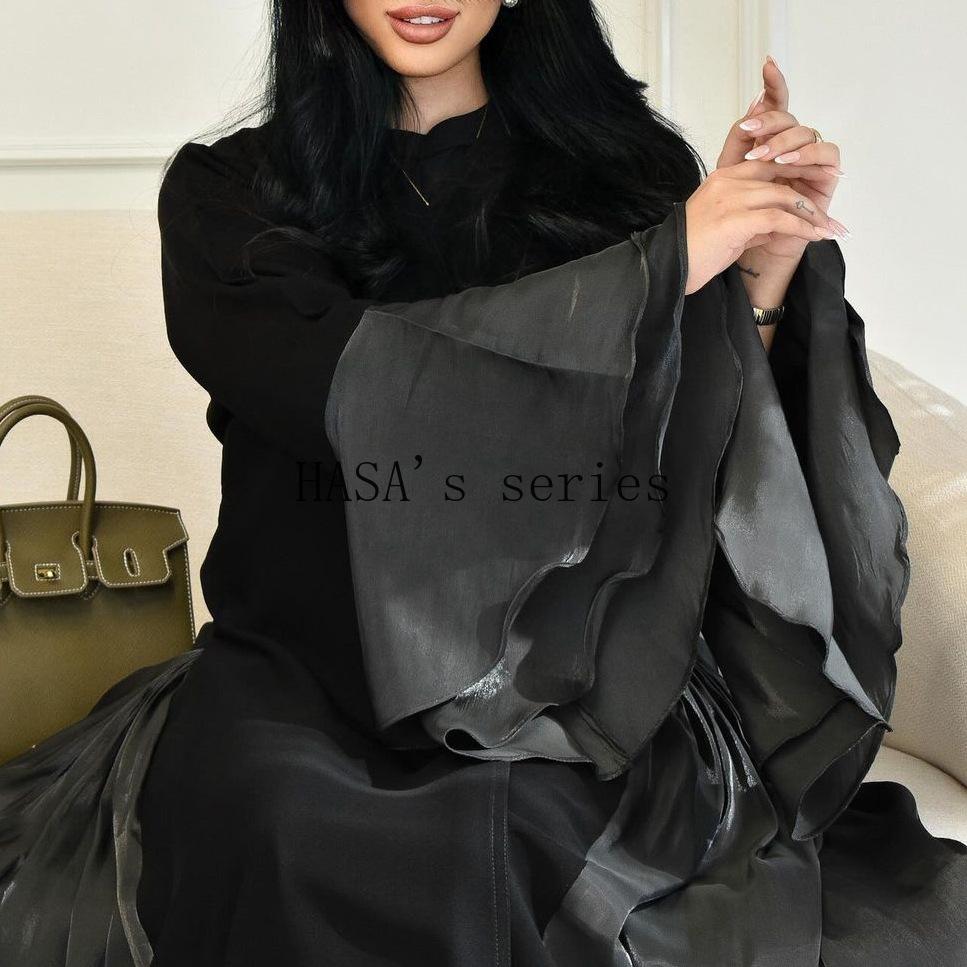 HS5106 A Soft and Elegant Long Satin Dress with Classic Design and Ruffled Sleeves.