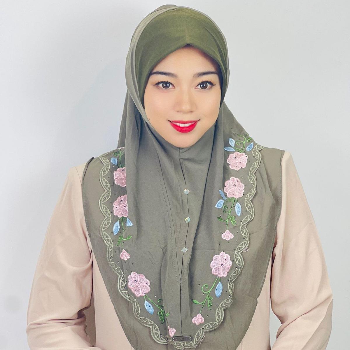 HAYA HA1105 Double Layered Floral Embroidered Lace Headscarf for Women