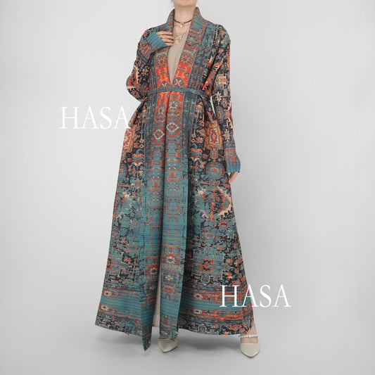 HS5850 Retro Oil Painting Print Belted Open-front Long Coat