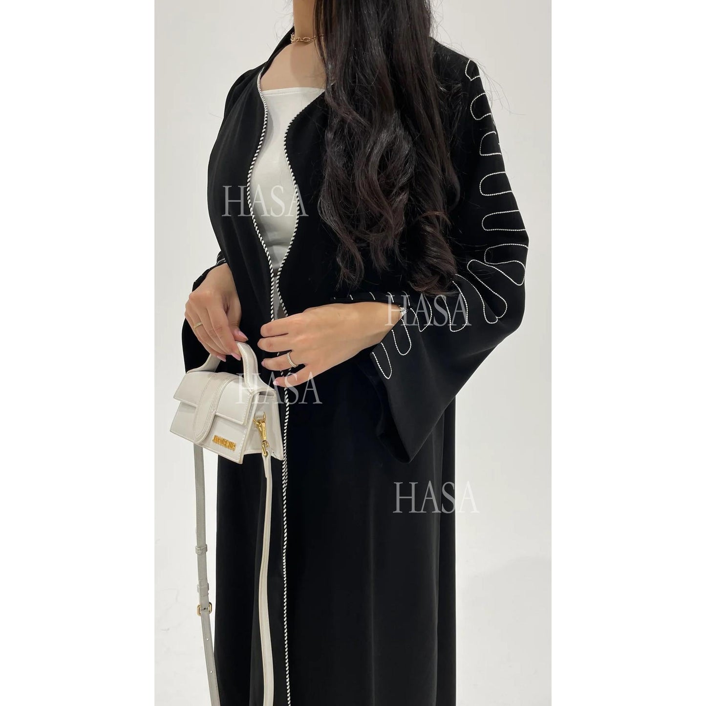 HASA's Series HA6582 Abaya Women's Long Embroidered Cardigan Jacket with Wavy Edges