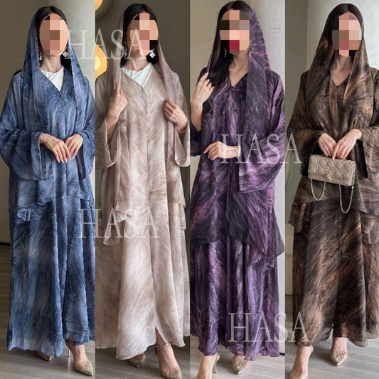 HA6551 Printed Abaya Cardigan with Matching Scarf Two-Piece Set