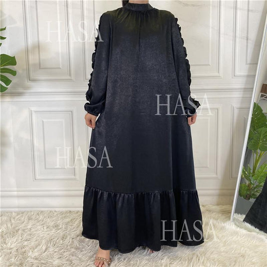 HA6591 Solid Color Turtleneck Long Sleeve Dress with Pleated Waistband
