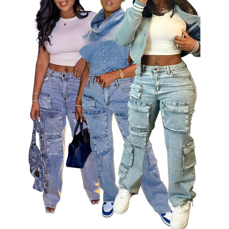 HA1917 Three-dimensional Multi-bag Tooling Style Denim Trousers