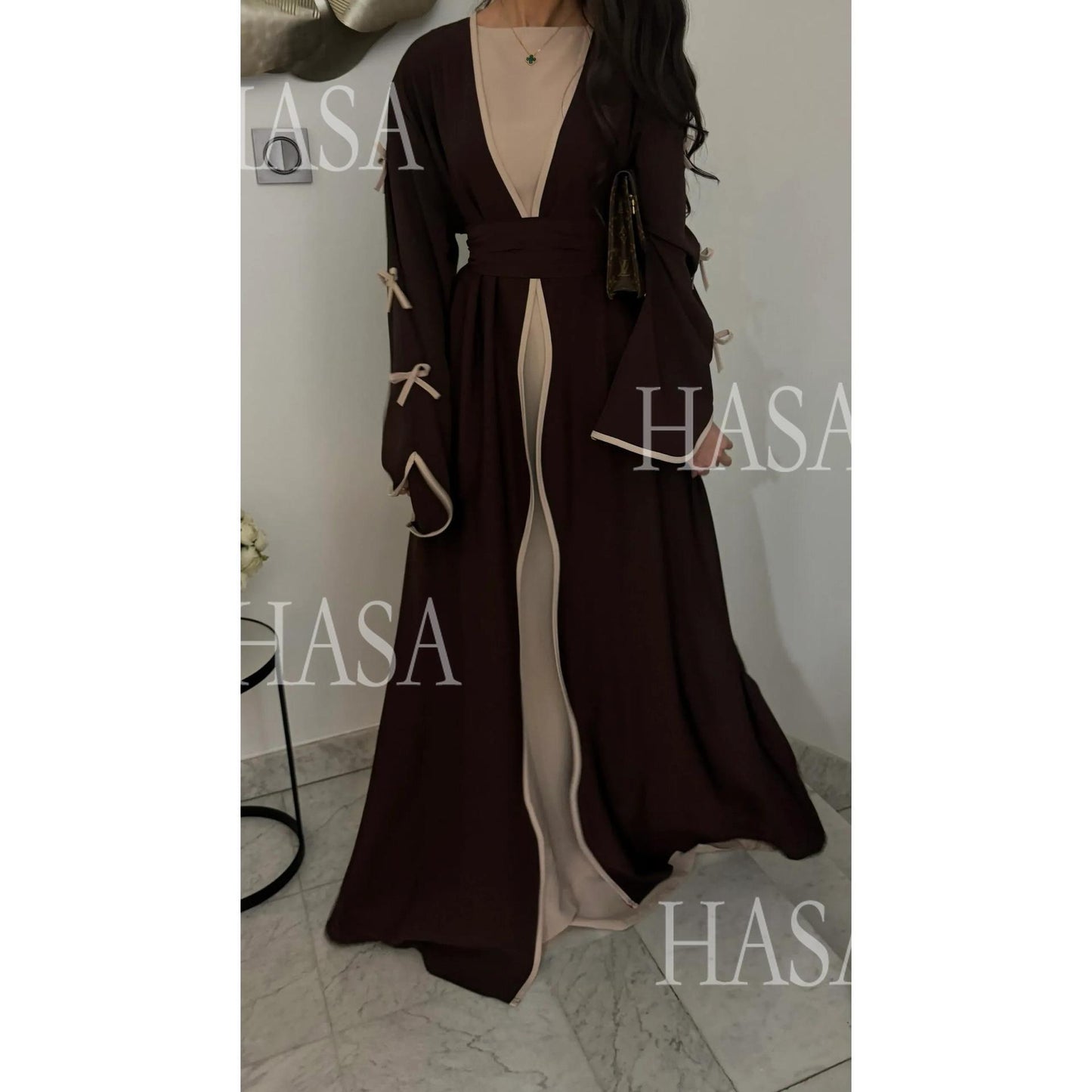 HA5883  A Two-piece Robe and Skirt Set with A Soft Bow and A Belt Design open abaya outfit