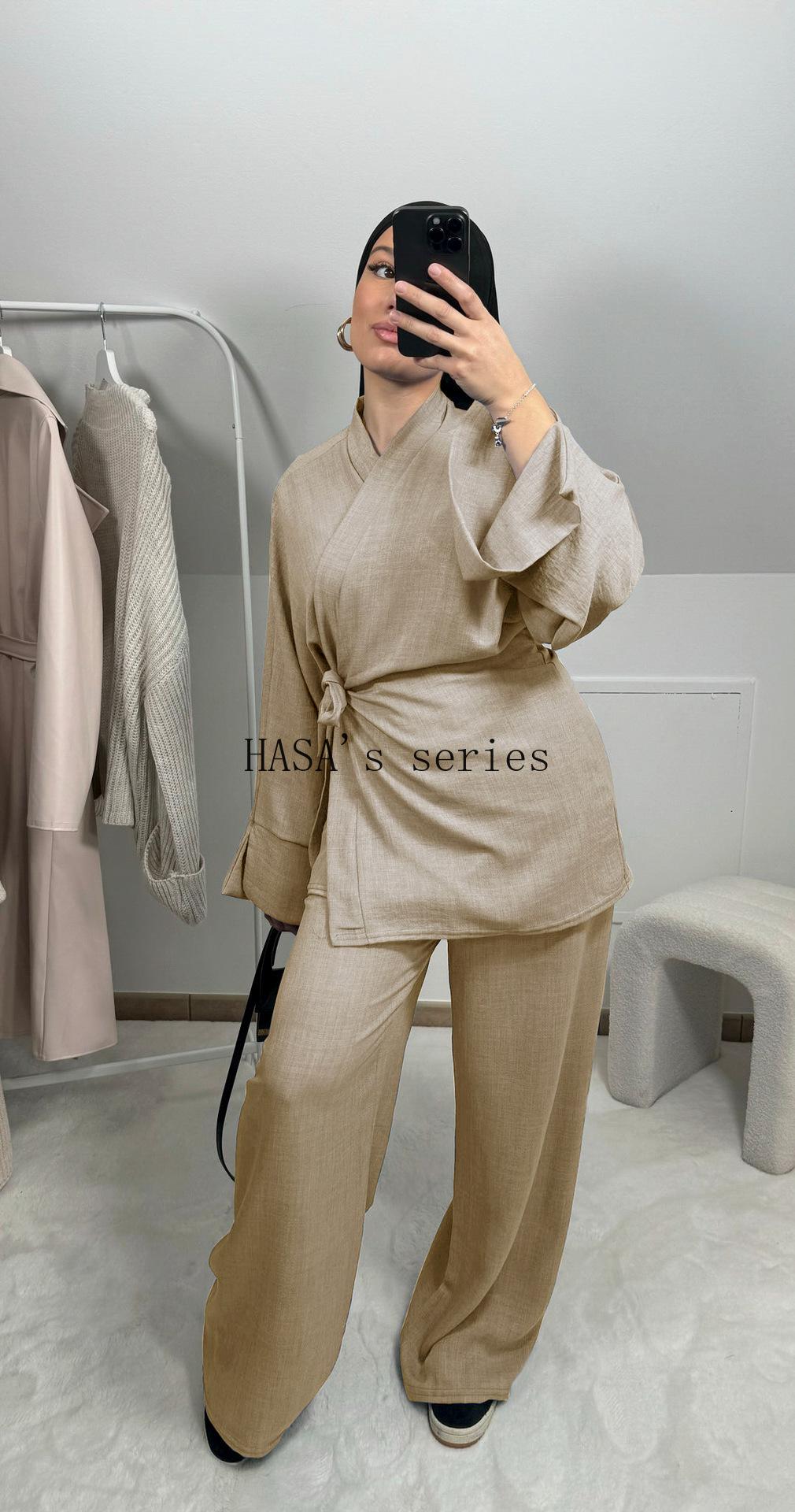 HS4830 A Simple, Tie-front Top Paired with Wide-leg Pants – A Comfortable Two-piece Set Suitable for Everyday Wear.