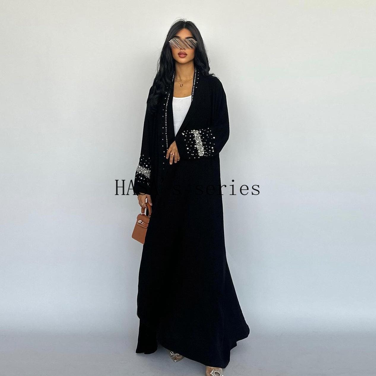 HS5097 Elegant Black Rhinestone-embellished Gown, Two-piece Beaded Set with Headscarf.