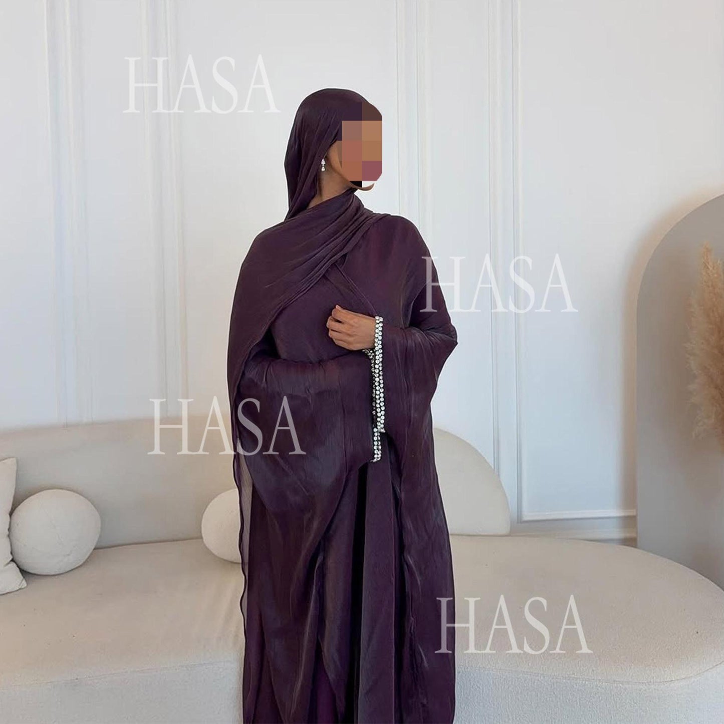 HA6553  Two-Piece Solid Abaya with Beaded Details and Matching Scarf Option