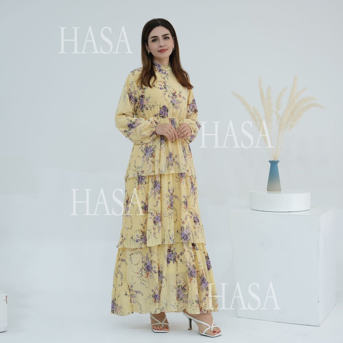 HA6500  Romantic Layered Print Long Dress