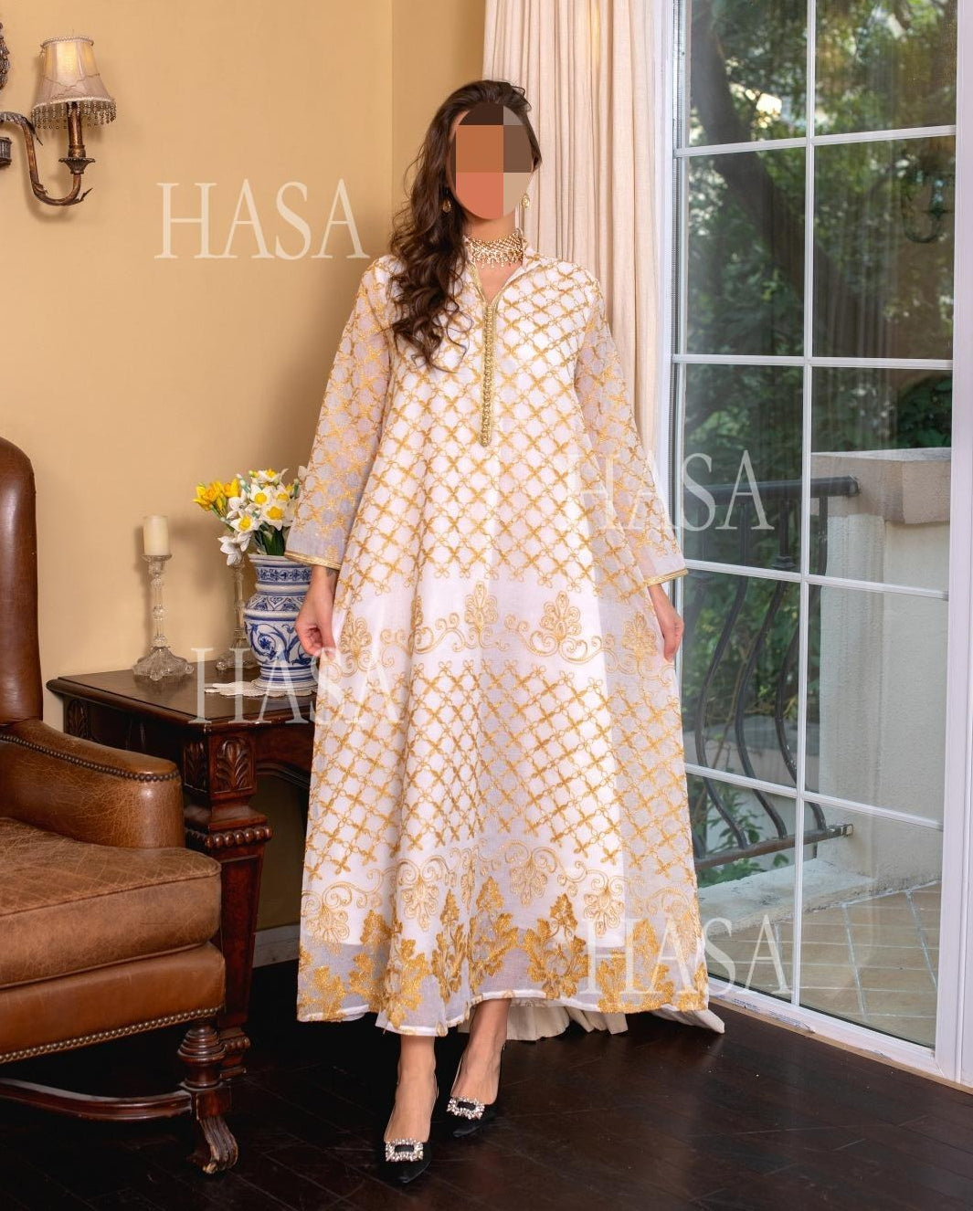 HA6640 Elegant Openwork Embroidered Abaya Long Dress
