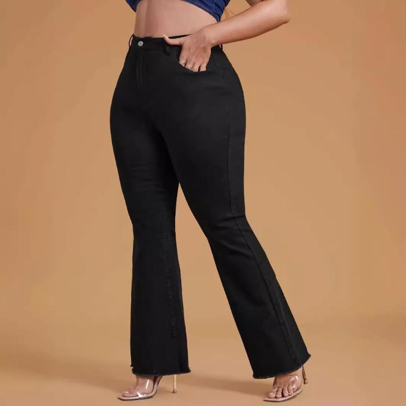 HS2331 Plus Size Black Stretchy Frayed-hem Wide-leg Flare Jeans
