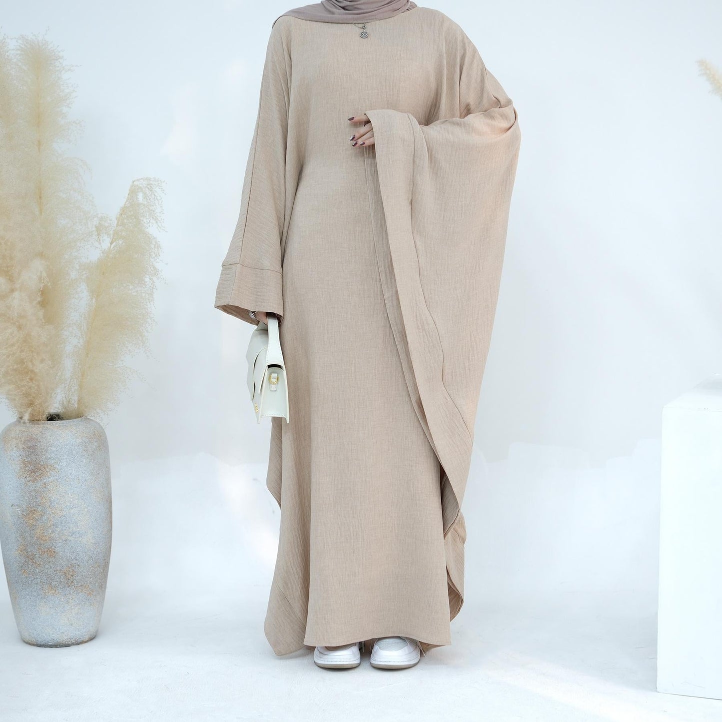 HAYA HA1177 Waist Raging Bat Sleeves Dress Crepe Kaftan with Built-in Belt