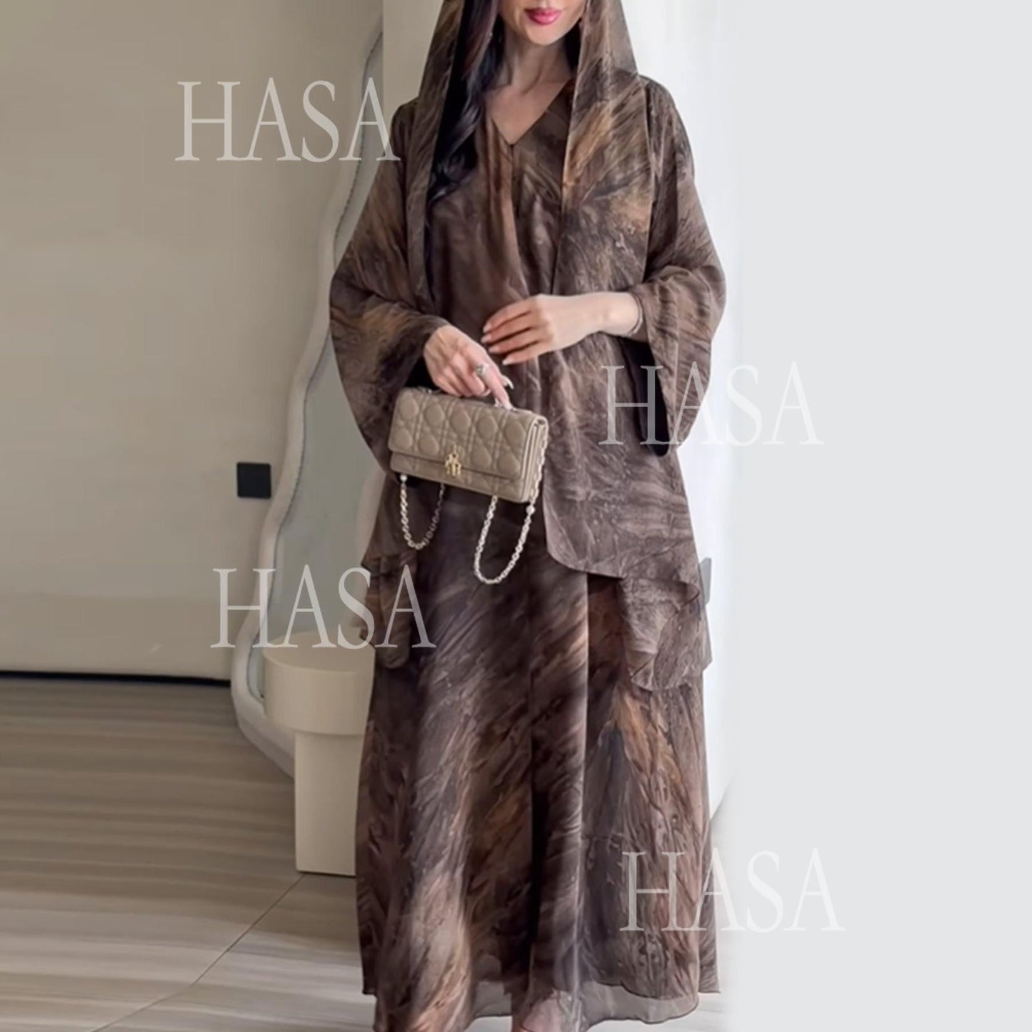 HA6551 Printed Abaya Cardigan with Matching Scarf Two-Piece Set
