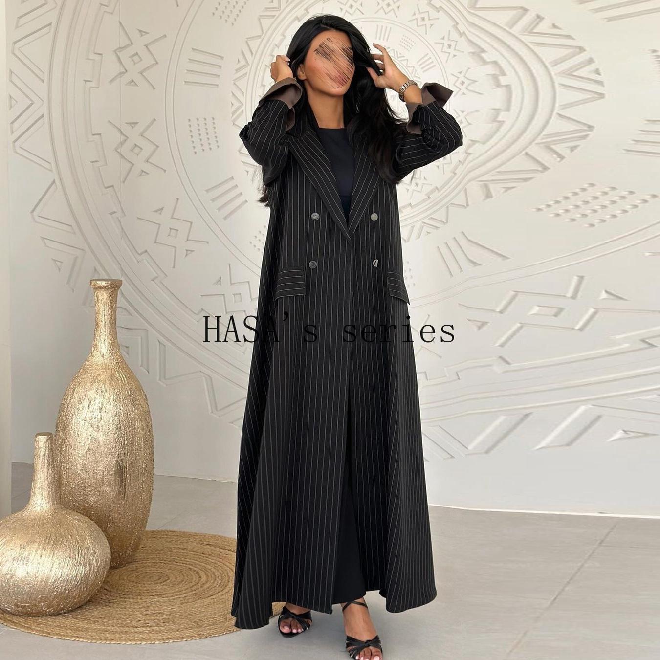HS5101 Double-breasted, Pinstriped, Long Coat-style Robe with A Loose and Elegant Dress Design.