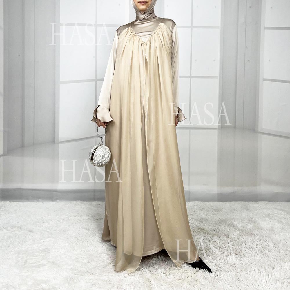 HS5858 Elegant Bright Satin Robe (without Headscarf), Clever Splicing Creates Multi-faceted Charm