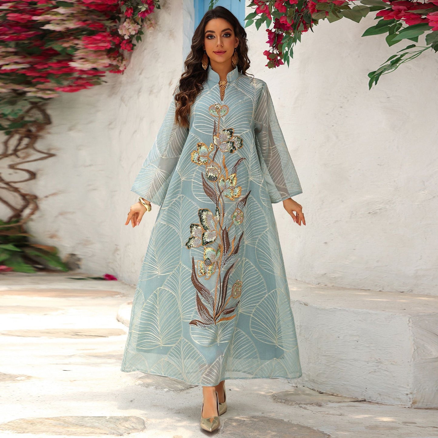 HA6657 Women's Long Robe Dress with Mesh Embroidery