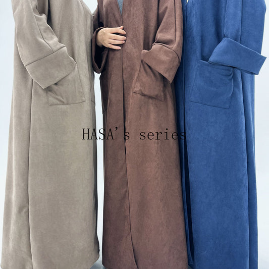 HS5148 Suede-textured, Simple Cardigan-style Long Robe, A Loose and Comfortable Dress for Autumn and Winter.