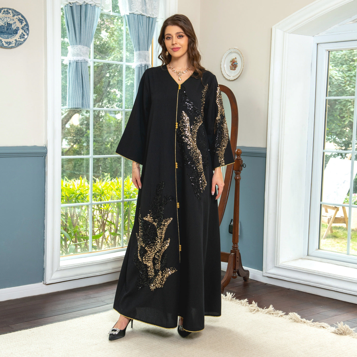 HA6659  Long-sleeved Sequined Embroidered Patchwork Dress with A Light Silhouette and Soft Color Scheme.