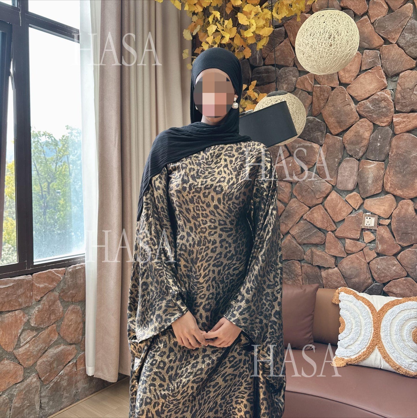 HA6469 Flowing Batwing Sleeve Leopard Maxi Dress (without Headscarf)